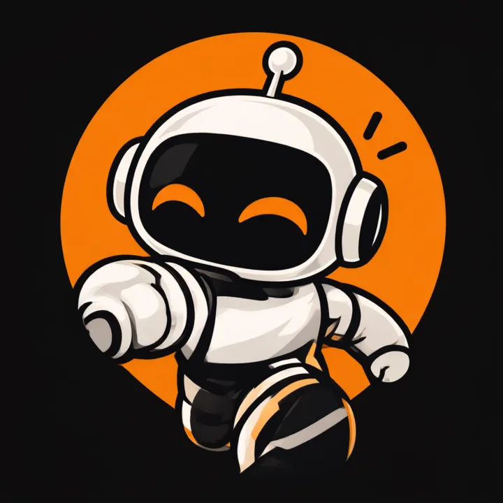 Agentix, a small white robot with an antenna, headphones and a smiling black visor, striding out of an orange circle